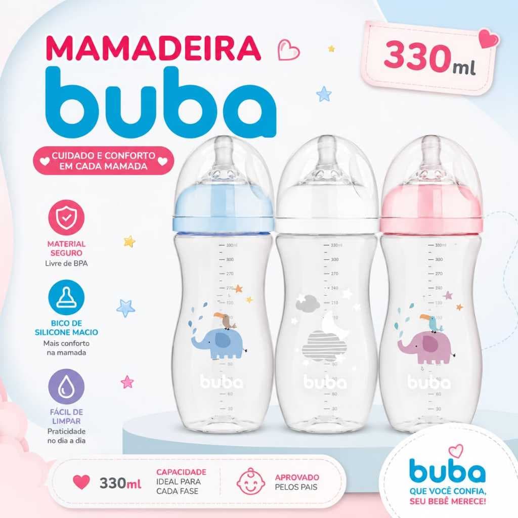 Mamadeira Para Bebe Buba 330 Ml Anticólica Bico Fluxo 3 Ultrasoft Anti Vazamento Silicone Mamadeira Bebes