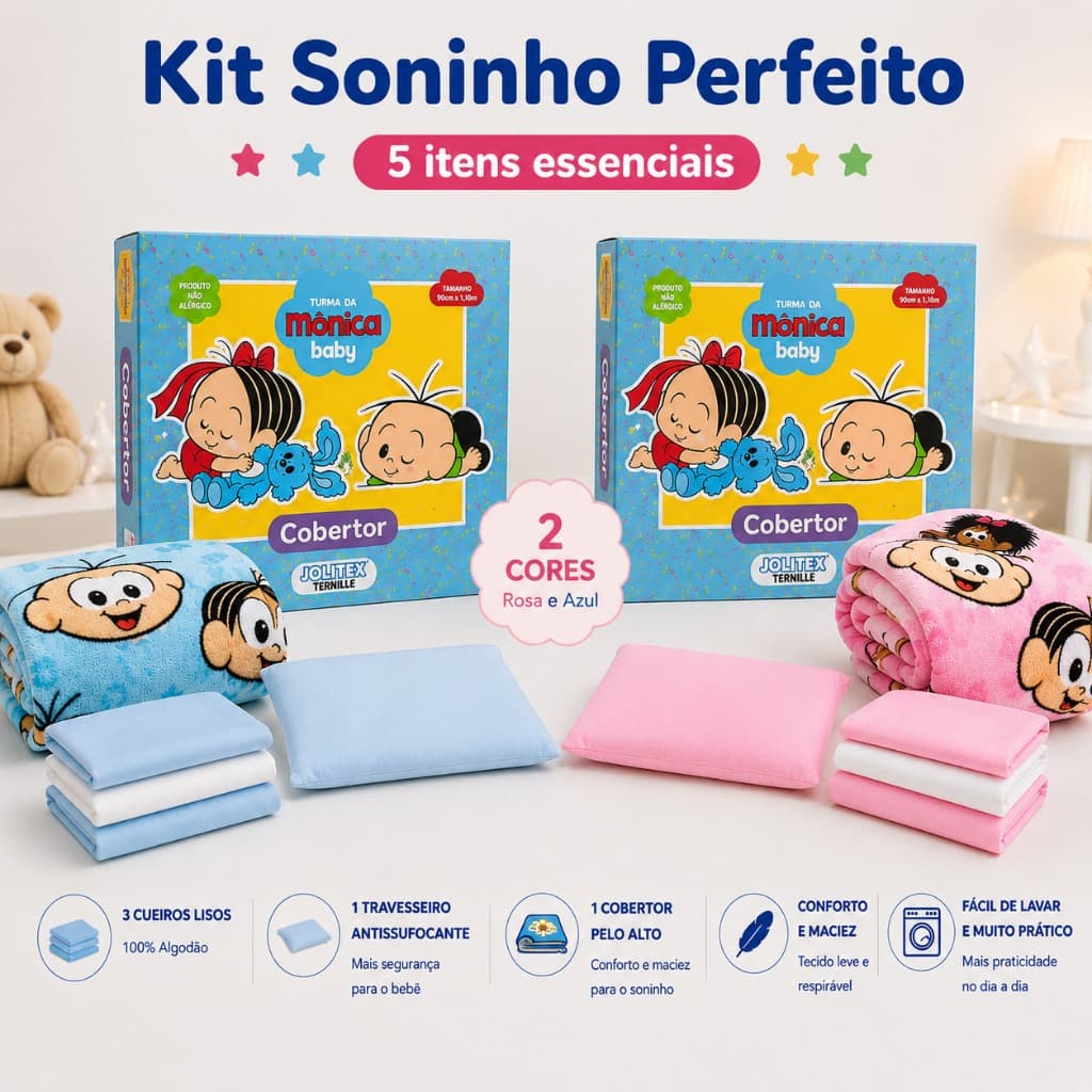 Kit Soninho Bebê Inverno 5 Peças | Cobertor Jolitex + Travesseiro Antissufocante + 3 Cueiros Flanelados Enxoval RN