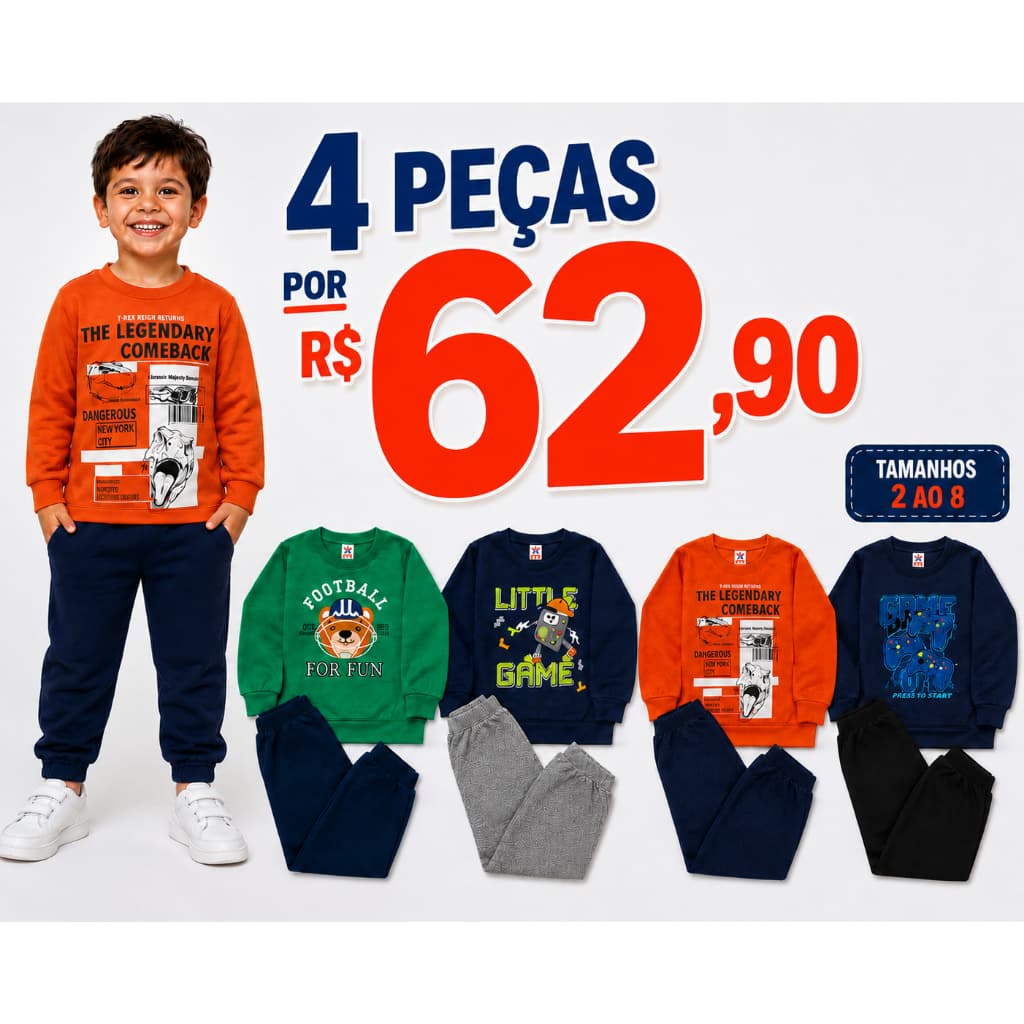Kit 4 Peças Conjunto Infantil Menino Moletom Peluciado Roupa De Frio Masculino Conjunto Moletom