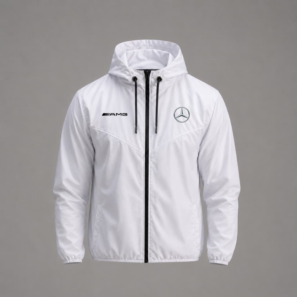 Jaqueta Corta Vento Masculina Mercedes AMG  Com Capuz, Bolso e Zíper - Academia Corrida Esporte