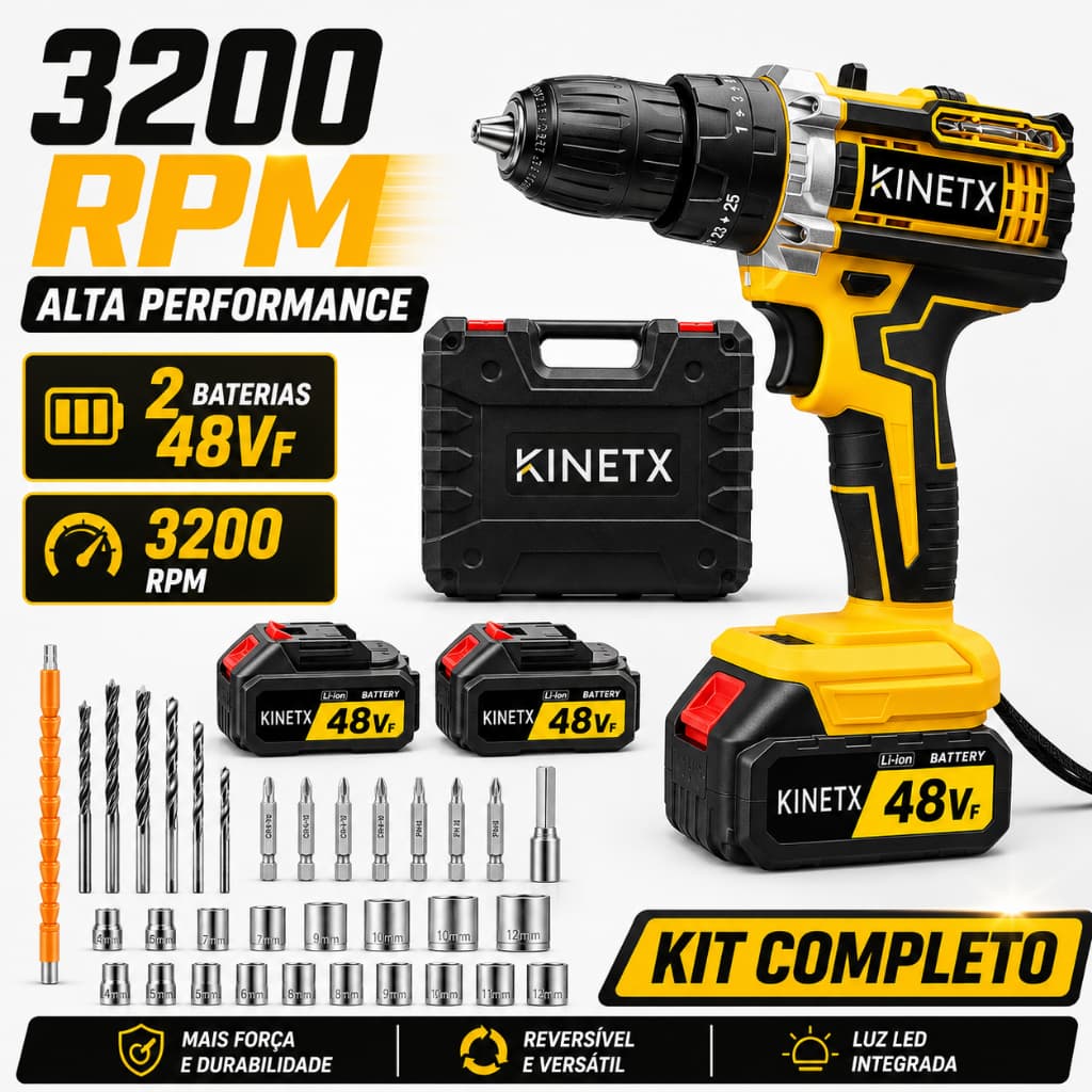 Kit Furadeira de Parafusadeira 48VF 2 Baterias 28pcs Iluminação LED Maleta Brushless Sem Fio diy KINETX