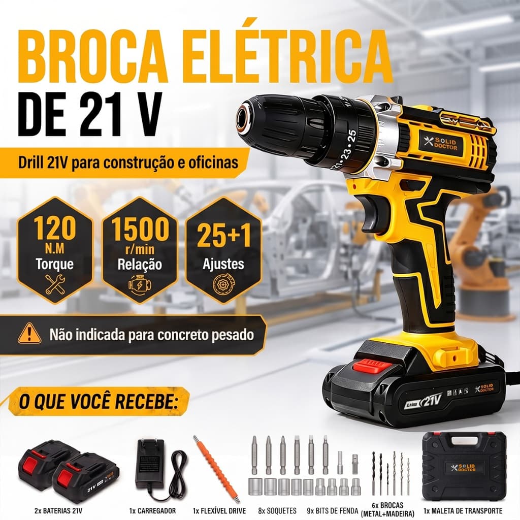 SOLID DOCTOR Furadeira/Parafusadeira Sem Fio De 21V E 2 Baterias Conjunto De Caixa De Ferramentas
