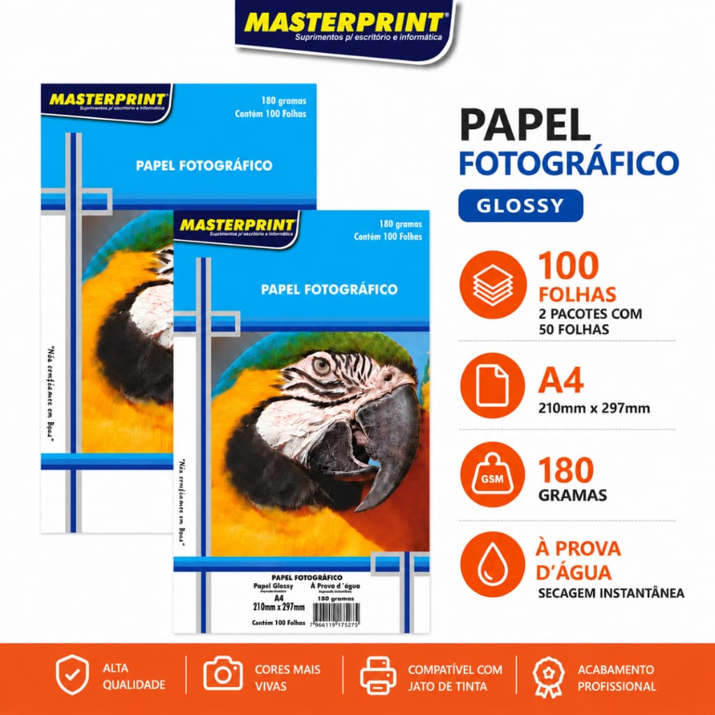 100 Folhas Papel Fotográfico A4 Brilhante 180g Premium Glossy Masterprint Impressão Jato de Tinta Impressoras HP EPSON