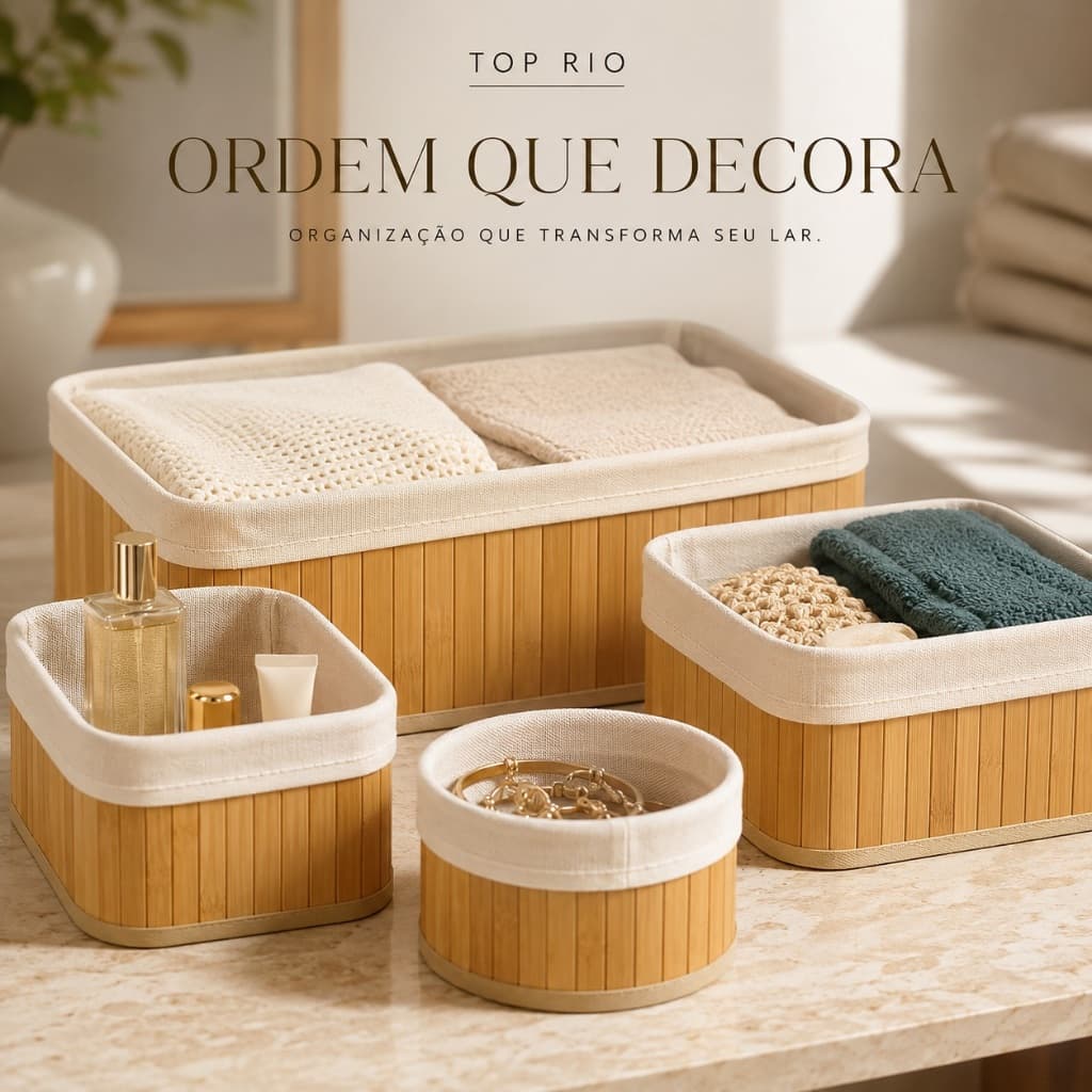 Conjunto 4 Cestos Organizadores Multiuso em Bambu TOP RIO | Banheiro, Closet, Cozinha, Lavanderia e Escritório