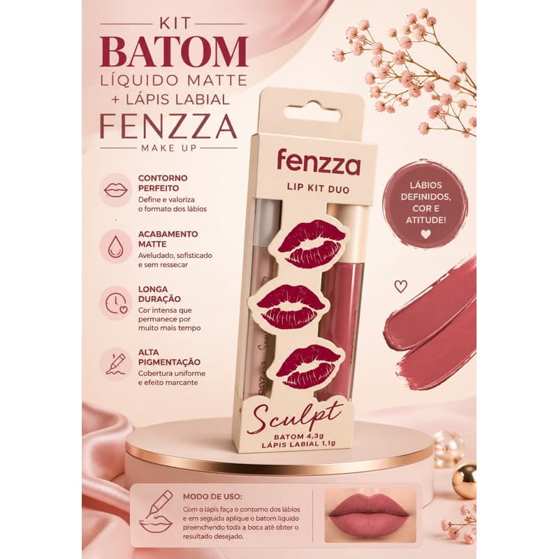 Batom Líquido Matte Cor 02 + Lápis Labial Fenzza
