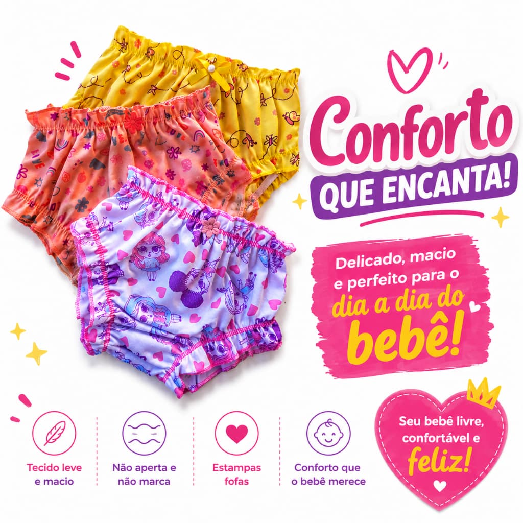Kit 2 Calcinhas Tapa Fralda Bebê Menina Malha de Algodão Aparadoras Cobre Fralda Infantil
