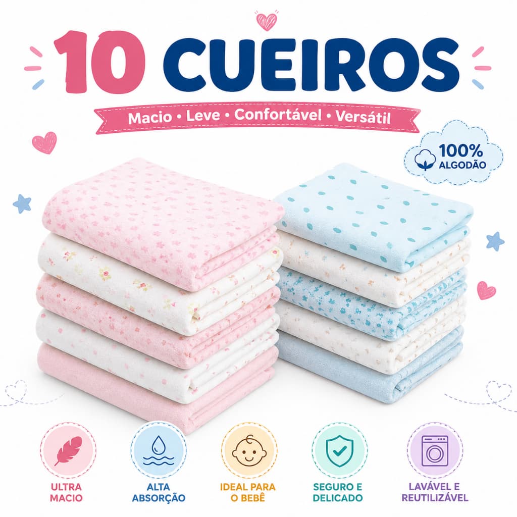 Kit 6 Cueiros Flanelados Estampados Bebê 80x50cm – Minasrey– Enxoval Infantil Macio e Confortável