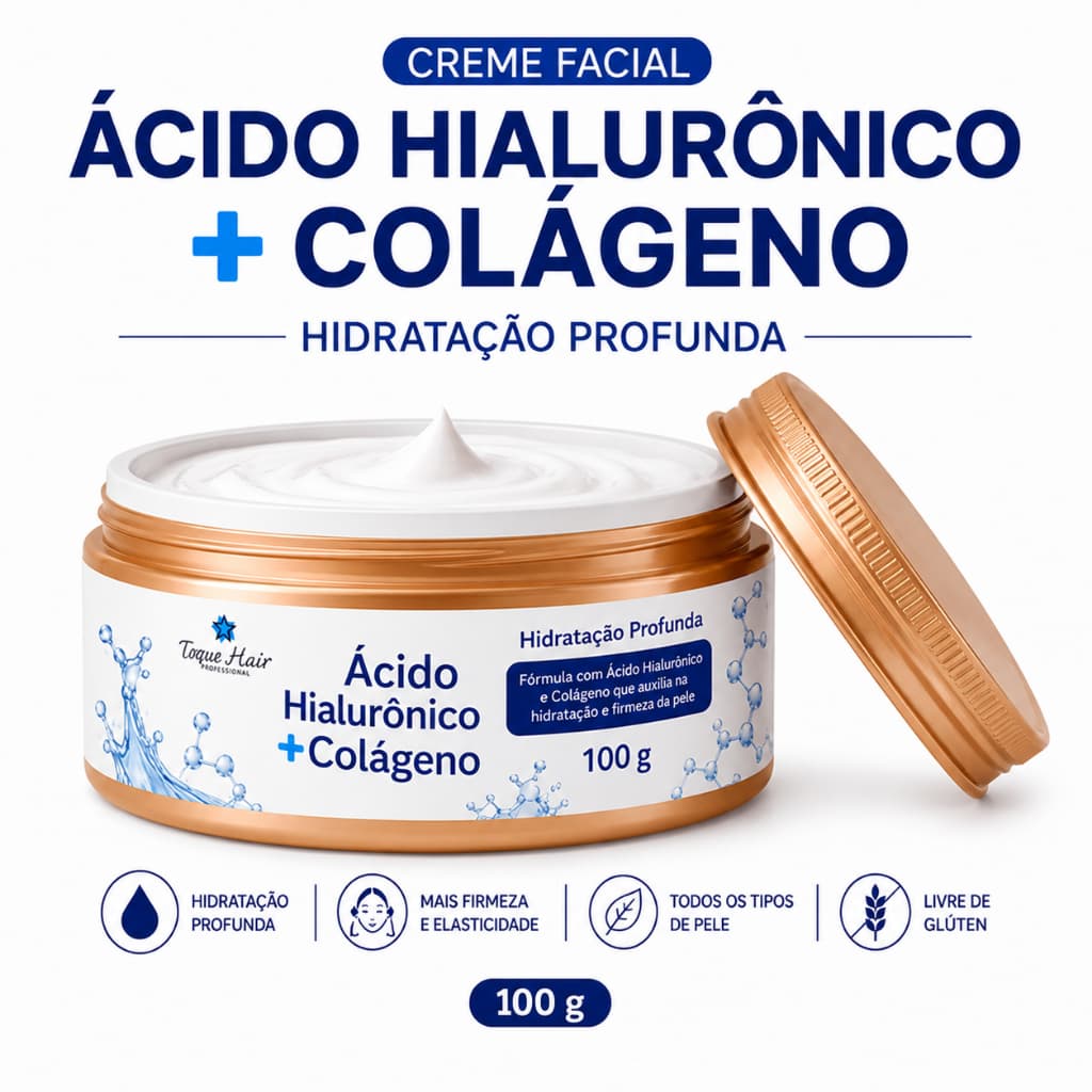Creme Facial Ácido Hialurônico e Colágeno — Anti-Idade, Firmeza e Hidratação Profunda Textura Aveludada Toque Seco