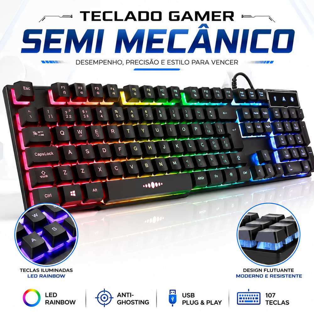 Teclado Gamer Semi Mecânico Multimídia PC Xbox Ps4 Led Rgb Antighosting