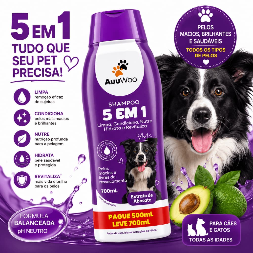 Shampoo Pet 5 em 1 AuuWoo 700ml para Cães e Gatos Limpa Condiciona Nutre Hidrata Revitaliza Extrato de Abacate