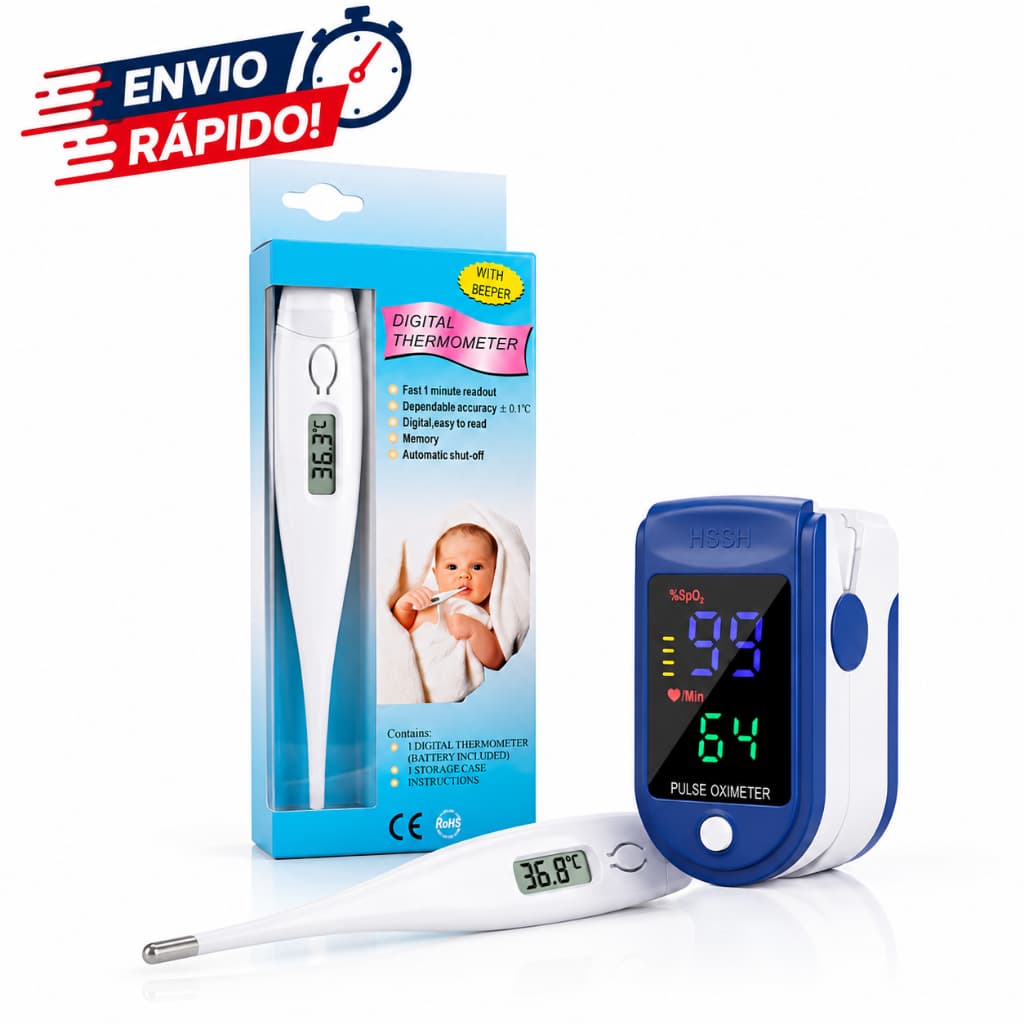 Kit Saúde Completo: Termometro Digital Clinico E Oxímetro de Dedo Pulse Rápido e Preciso Adulto e Infantil