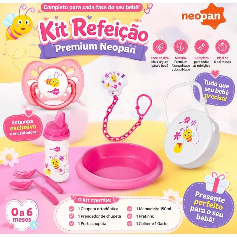 Jogo de Refeição + porta chupeta + prendedor de chupeta+chupeta Ortodôntica Kit Presentão do bebêTema ABELHINHA- Neopan