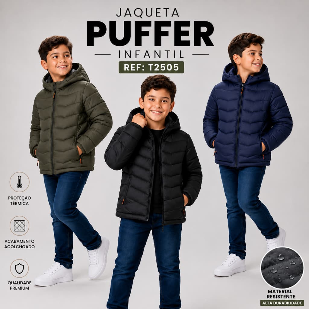 Jaqueta Puffer Infantil Masculina Forrada Com Capuz Inverno Térmica Corta Vento T2505