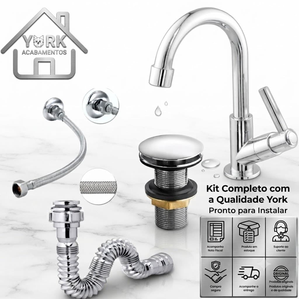 Kit Completo P/ Banheiro Lavabo = Torneira ABS + Válvula Click Metal G + Sifão Cromado + Engate 40cm