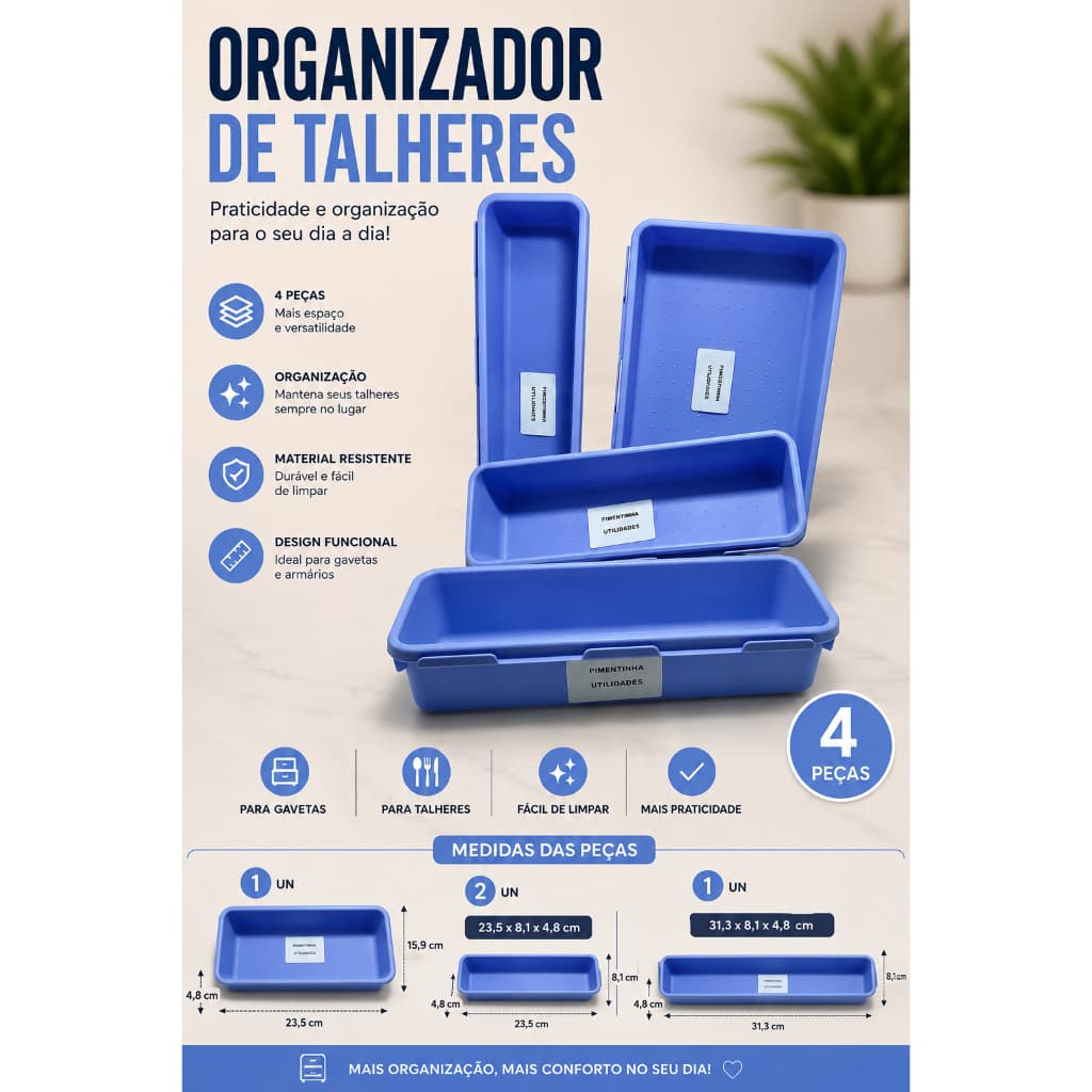 Kit Organizador de Talheres 4 Peças para Gavetas | Organizador Multiuso para Cozinha e Utensílios