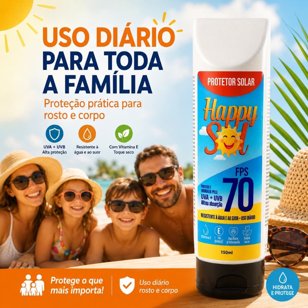 Protetor Solar 70FPS Happy Sol Toque Seco Rosto e Corpo Corporal Resistente Água Suor 150ml Dandas