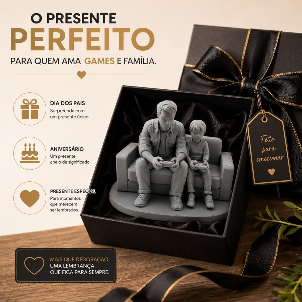 Estátua Pai e Filho Gamer Decorativa Controle Videogame Presente Dia dos Pais Sala Quarto Escritório