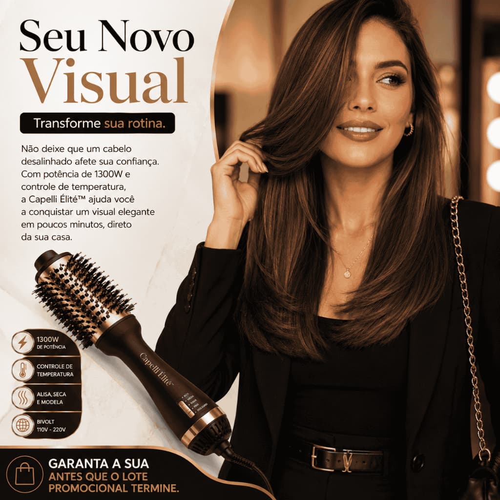 Escova Secadora de Cabelo Profissional 1300W Bivolt 3 em 1 Alisa Seca Modela Anti Frizz Capelli Élité