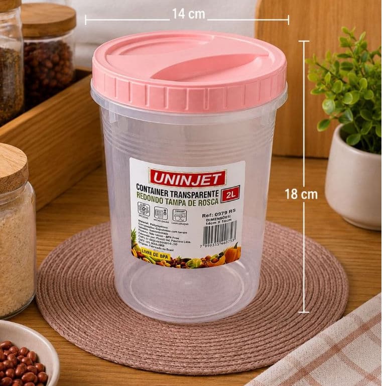 Pote Hermético Redondo 2L Transparente Tampa Rosca Organizador Mantimentos Cozinha BPA Free Multiuso