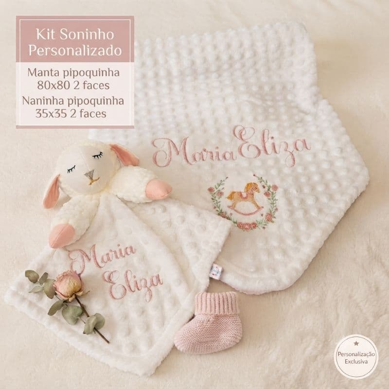 Kit BeBê Enxoval Soninho Manta Pipoquinha + Naninha Personalizavel bordado com nome e tema de sua escolha.