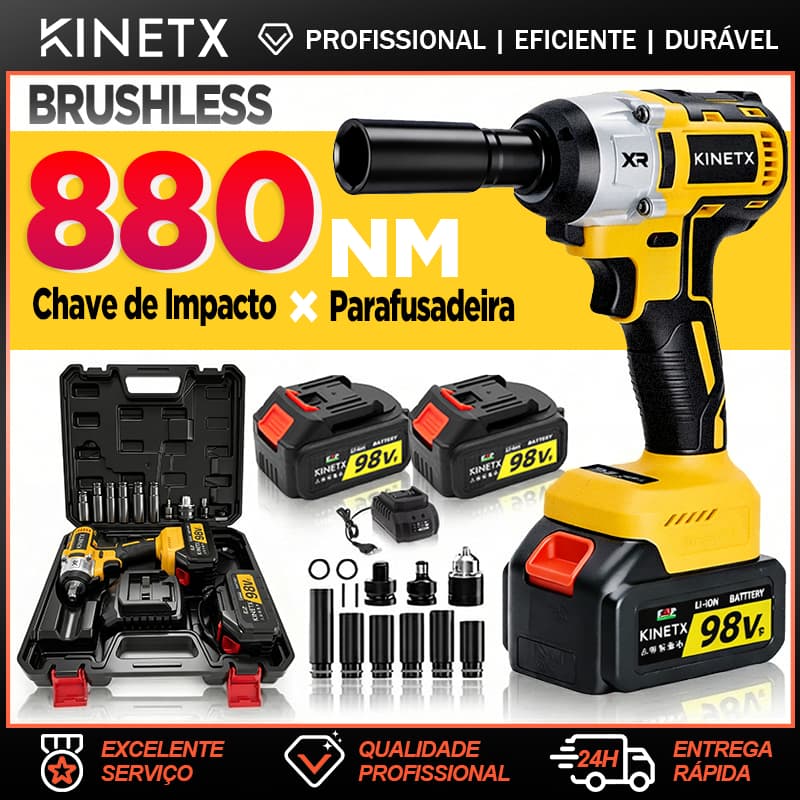 KINETX kit Chave de Impacto 98VF 2 Baterias 880NM Eletrica Sem Fio ferramentas + Maleta 3em 1 Parafusadeira Furadeira