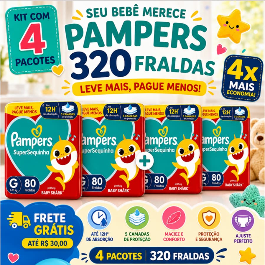 Fralda Descartável Pampers Tamanho G - 80 Unidades Super Kit Econômico 4 Pacotes 320 Fraldas
