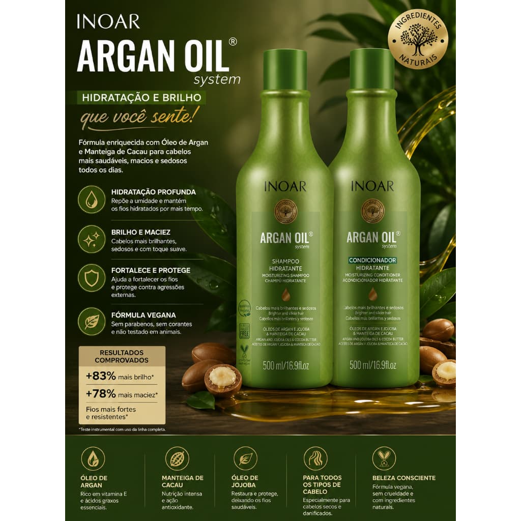 Kit Inoar Argan Oil Shampoo + Condicionador Hidratante 500ml Cabelos Secos Danificados