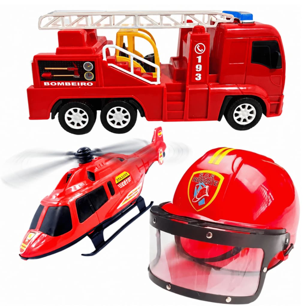 Kit Bombeiro Capacete Caminhão Helicóptero 3 Brinquedos Infantil Carrinhos Carro Meninos