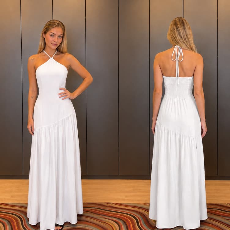 Vestido Longo Feminino com Amarração no Pescoço – Elegante e Confortável