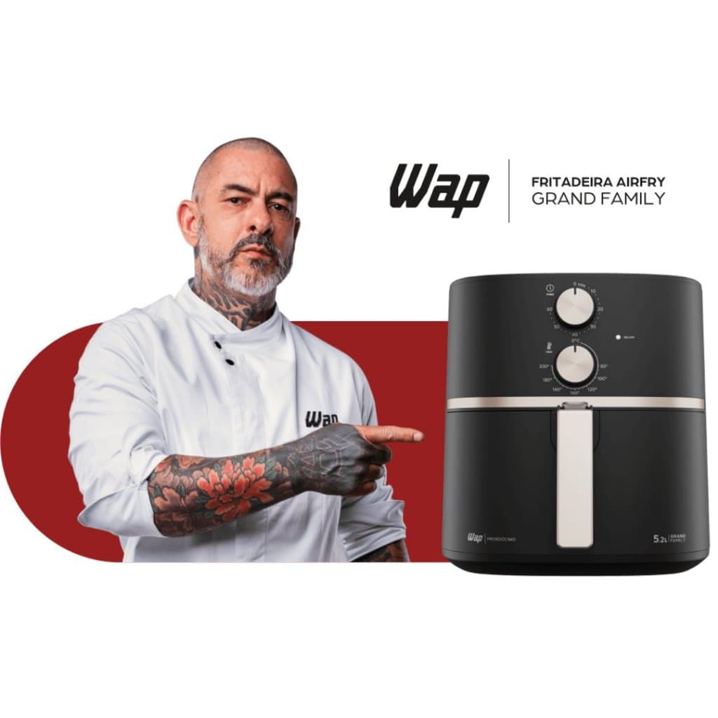 Fritadeira Elétrica WAP Air Fryer Grand Family 5,2L Sem Óleo Antiaderente Gray Stone Cesto Removível 220V Preta