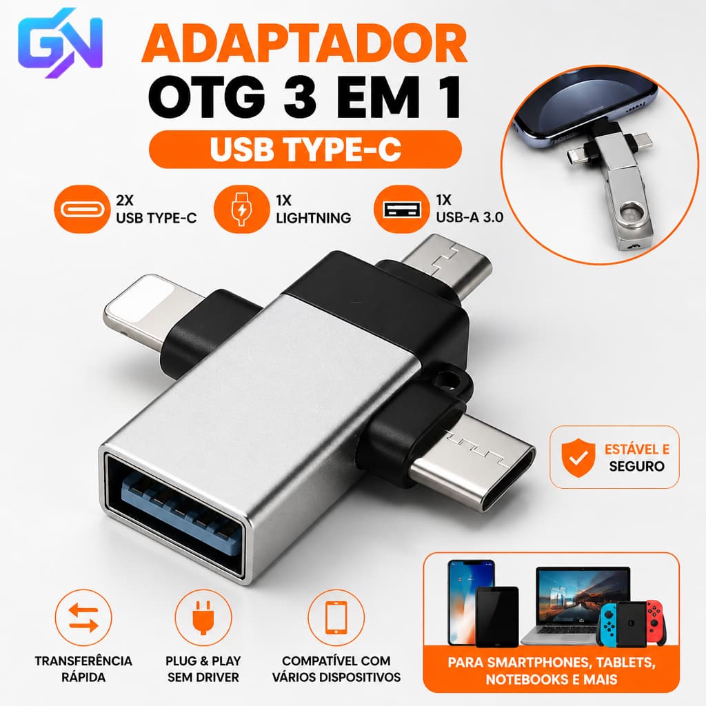 Adaptador OTG 3 em 1 USB Tipo C Para Android iPhone Conector Plug Play Smartphone Tablet Conversor