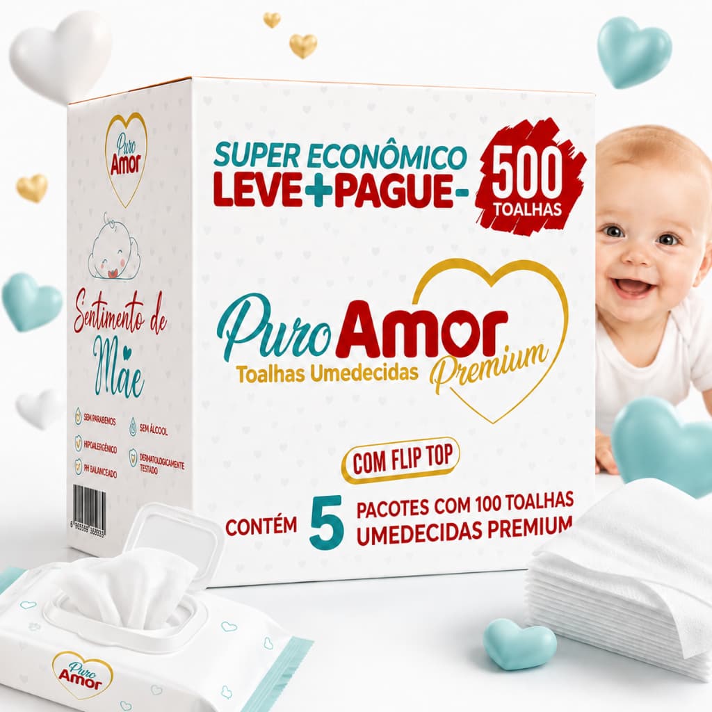 Caixa Lenços Umedecidos Puro Amor - Com Tampa Flip-top - 500un