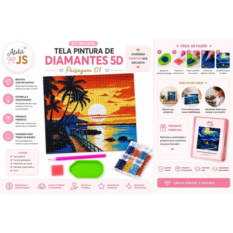 ⭐Kit Pintura com Diamantes 5D Infantil | Tela Criativa DIY | Modelos Sortidos
