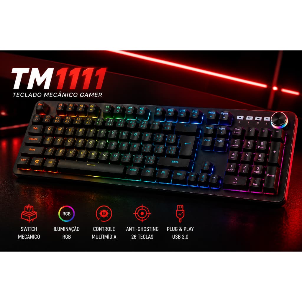 Teclado Mecânico Gamer RGB Delta TM1111 ABNT2 USB LED RGB Switch Mecânico Controle Multimídia Plug & Play