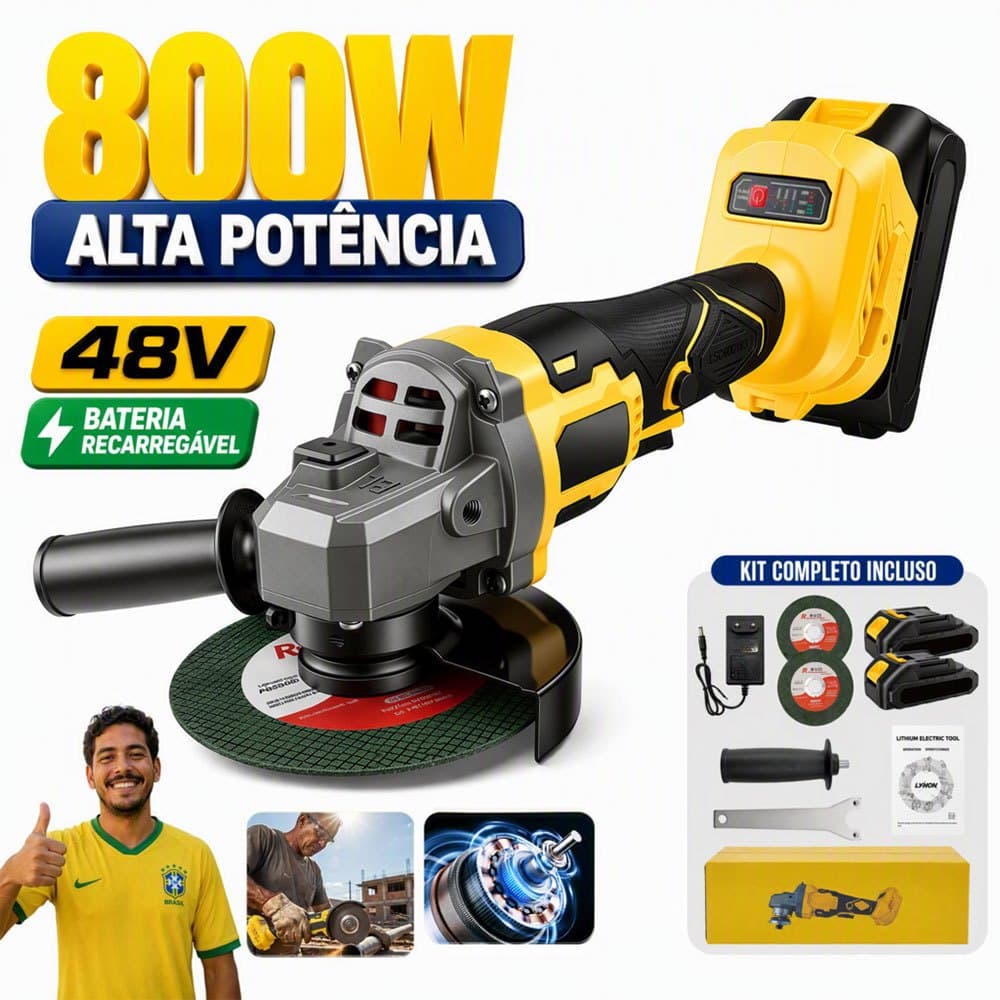 Esmerilhadeira Sem Fio 48V 125mm 12000RPM Motor Potente com Dupla Bateria para Metal e Acabamento