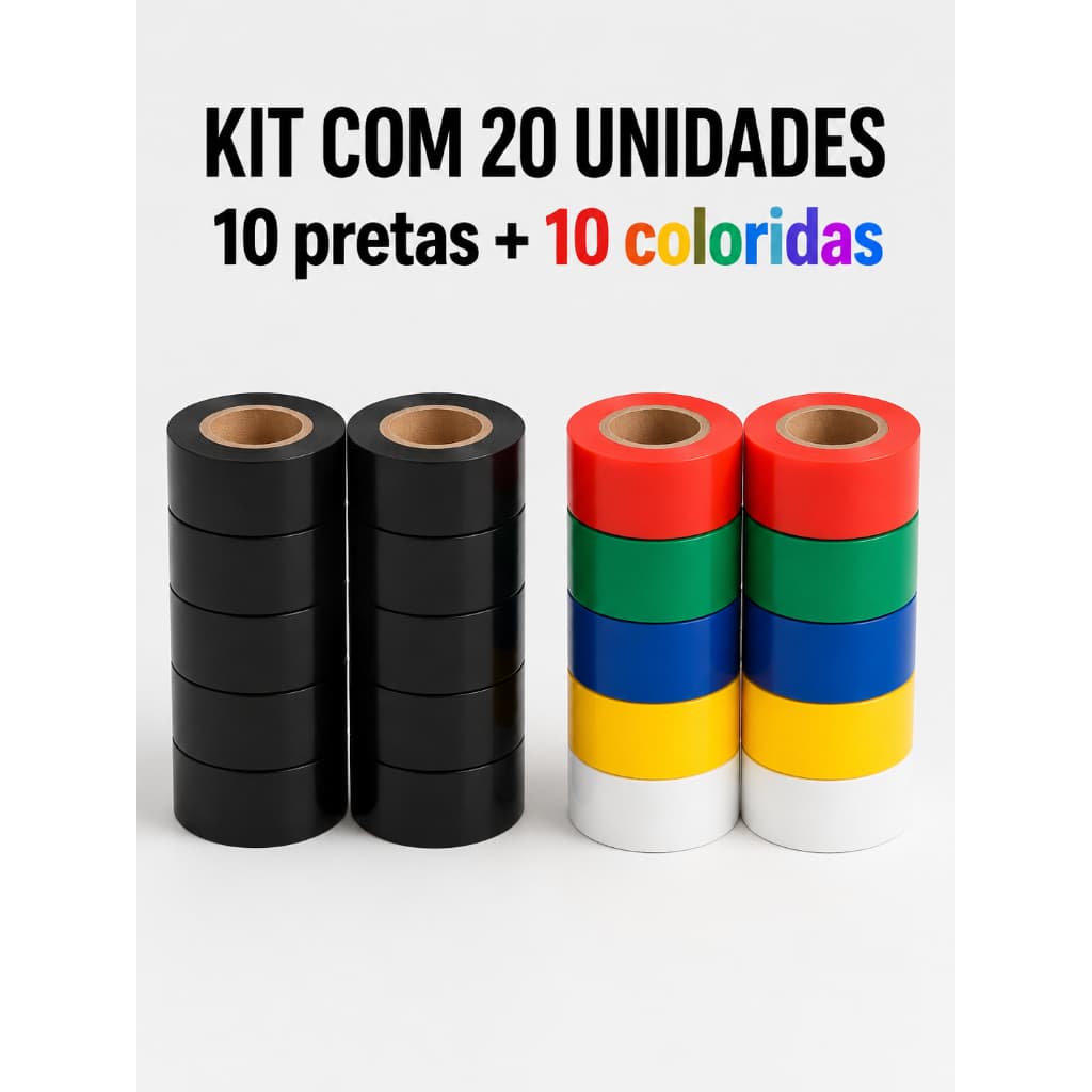 Kit 20 Fitas Isolantes PVC 5m – 10 Pretas + 10 Coloridas | Uso Profissional Elétrico  Kit completo e prático