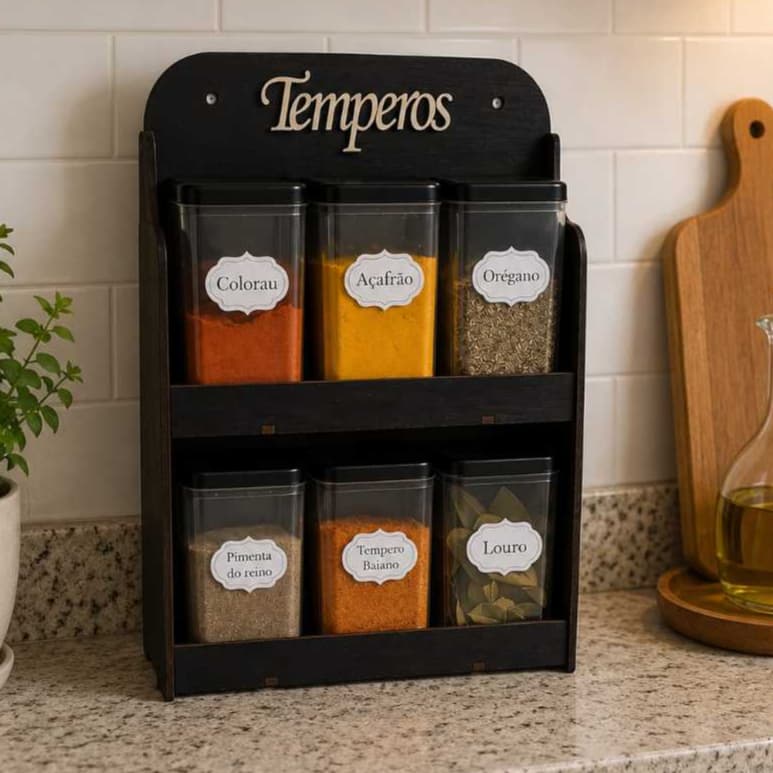 Porta Temperos 6 Potes Parede Mesa Mdf Preto Tempero Mantimentos Condimentos
