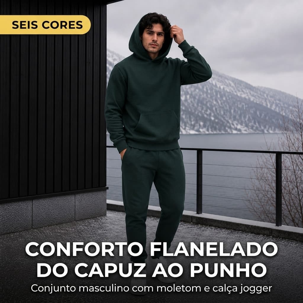 Conjunto Moletom Masculino Inverno Casual Premium Flanelado Capuz Bolso Canguru Macio