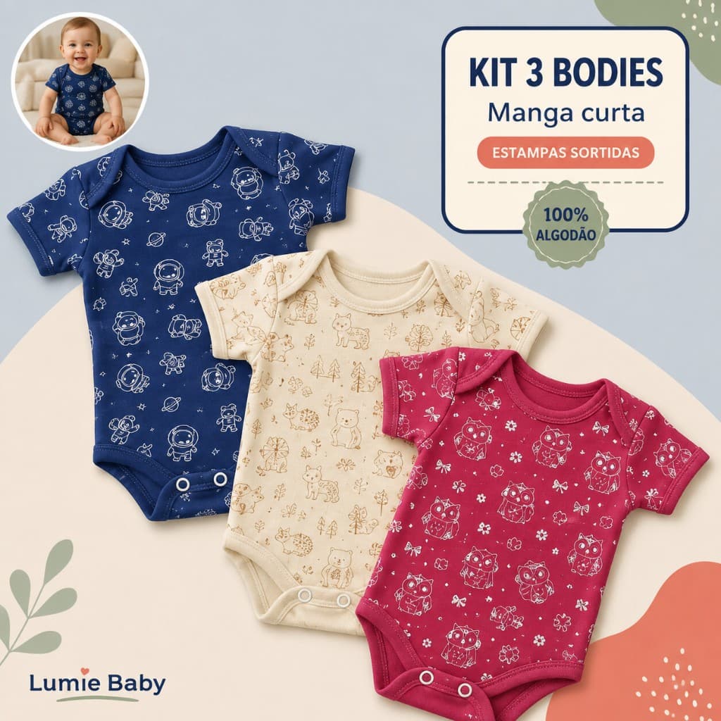 Body Bebê Kit 3 Peças Manga Curta Estampado 100% Algodão Suedine RN ao G Para Enxoval