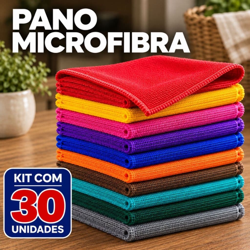 Kit 30 Panos de Microfibra 30 cm Flanela Limpa Carro Vidro Pia Limpeza Geral Multiuso Cores Sortidas