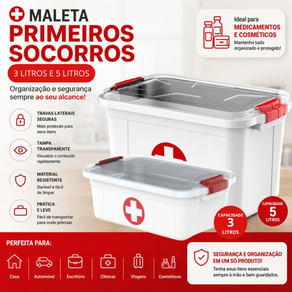 Kit 2 Caixas Primeiro Socorros Organizador Medicamento 5 Litros 3OLitros
