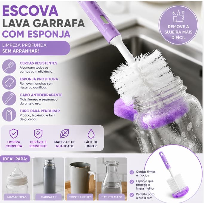 Escova Lava Mamadeira Garrafa Copo 29,5cm com Esponja na Ponta Multiuso Cores Sortidas