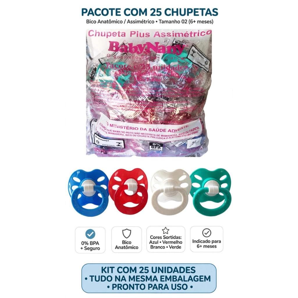 Chupeta Plus Bico Assimétrico Pacote Com 25 Unidades Para Menino 4 Cores
