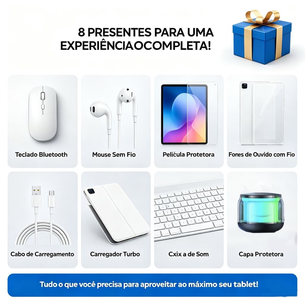 Kit Completo 8 Em 1 Para Tablet: Teclado Bluetooth + Mouse Sem Fio + Capa + Película + Fone + Caixa de Som + Carregador