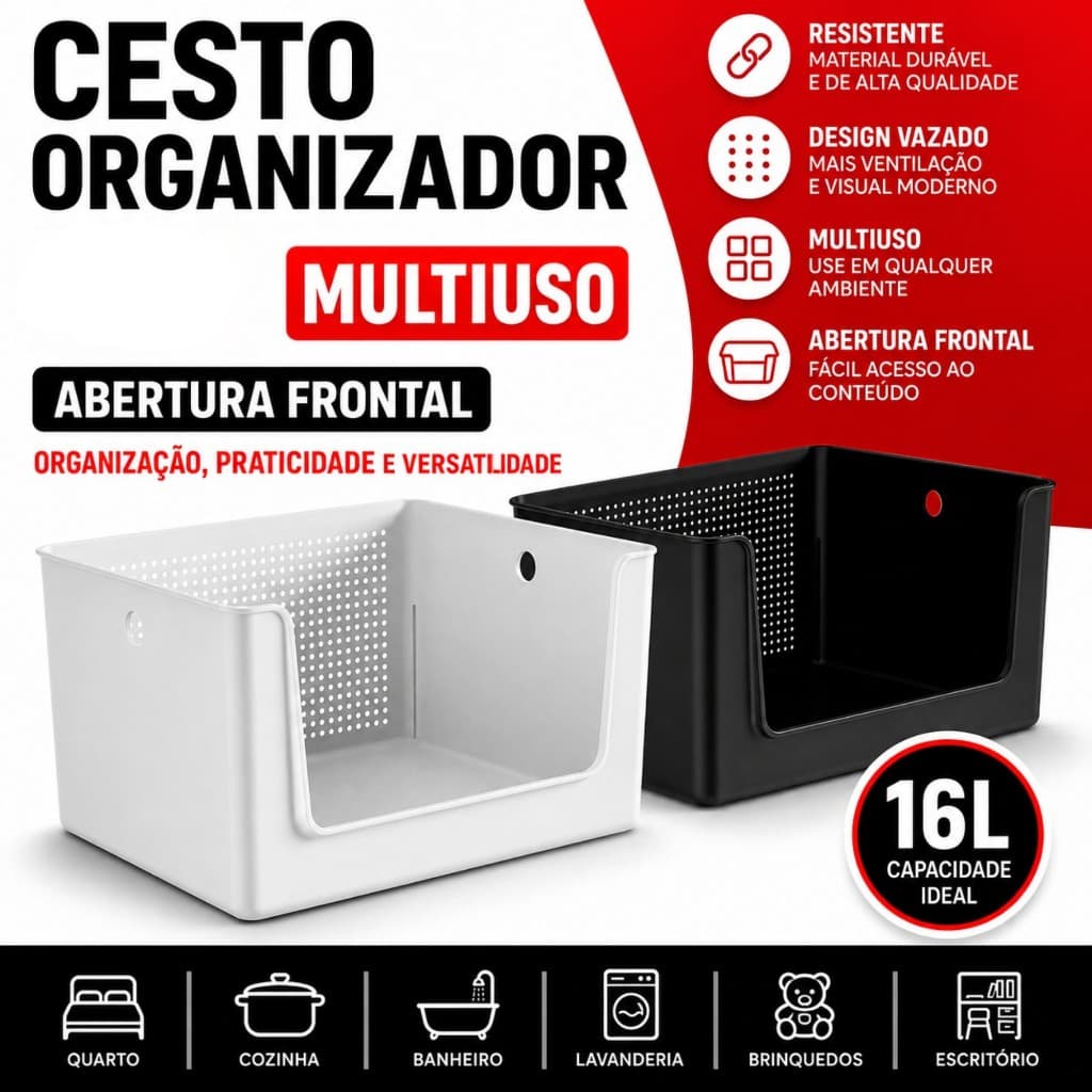 Cesto Organizador 16L Multiuso Abertura Frontal Para Armazenamento Casa Cozinha Banheiro Lavanderia Organização
