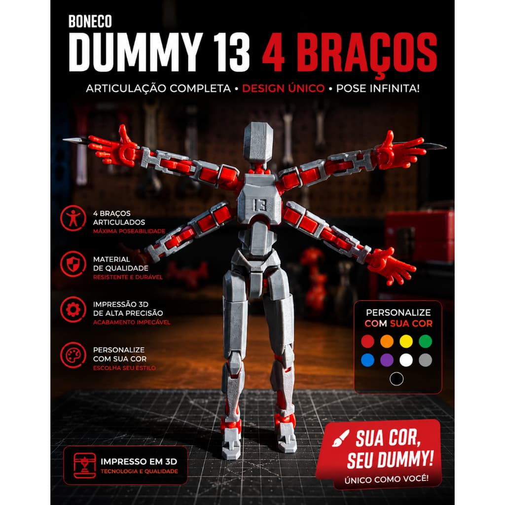 Boneco Dummy 13 Articulado 4 Braços Varias Poses Personalize com sua Cor Entregue Montado - Impressão 3D