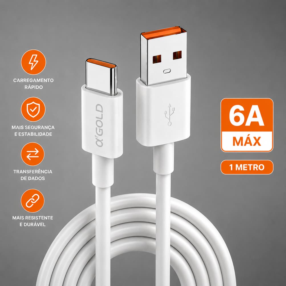 Cabo Carregador Tipo-C Turbo 6A USB-C Carga Rápida 1 Metro Transferência de Dados Celular A'Gold CB100-3