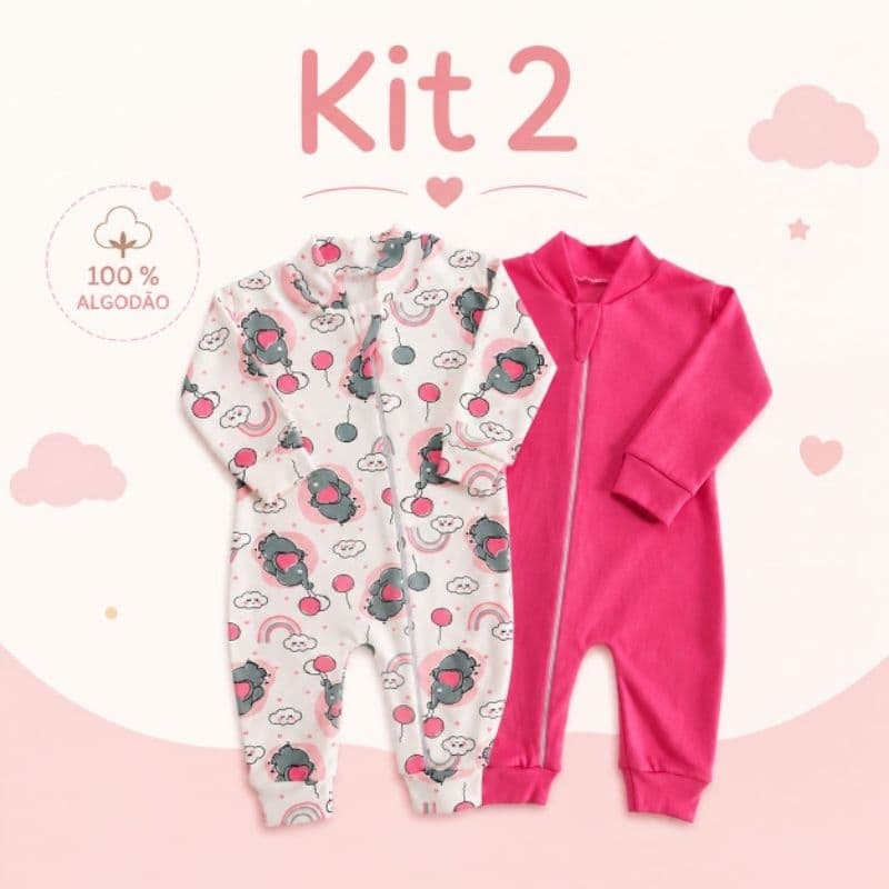​Kit 2 Macacões Bebê 100% Algodão ( Suedine) Estampa Bichinhos e Liso - Com Zíper Menina/Menino- Rn/P/M/G