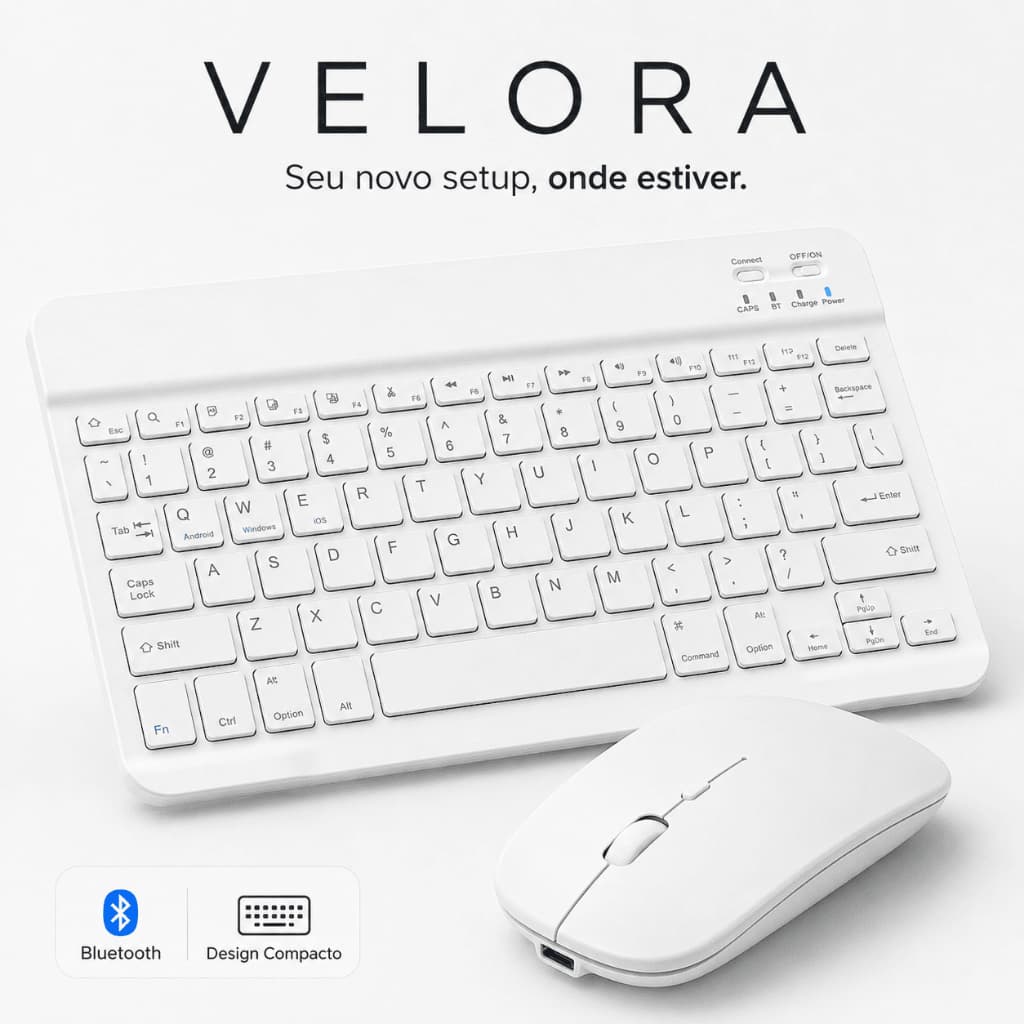 KIT TECLADO E MOUSE SEM FIO BLUETOOTH BRANCO RECARREGAVEL PARA NOTEBOOK TABLET ANDROID IOS WINDOWS