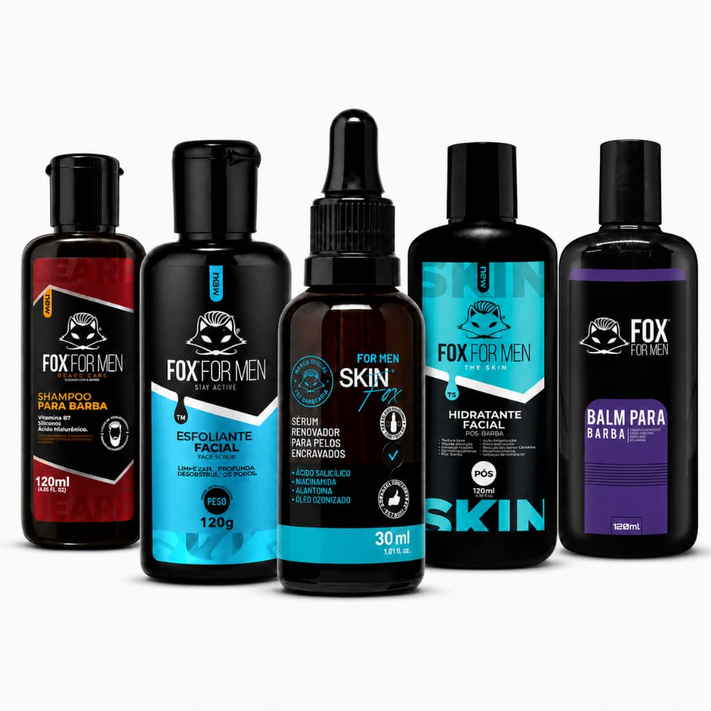 Kit Completo Fox For Men 5 Produtos Shampoo + Balm + Esfoliante + Sérum + Hidratante